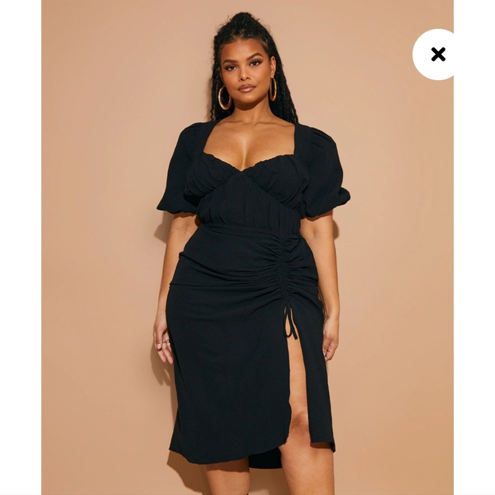 Plus Black Puff Sleeve Ruched Side Split Midi Dress, US 12, UK16
